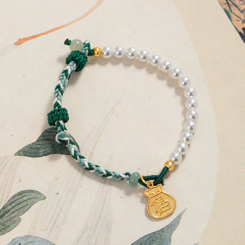 Mocoer 925 Sterling Silver Fu Character Lucky Bag Pearl Hetian Jade Wisdom Rope Bracelet - Mocoer