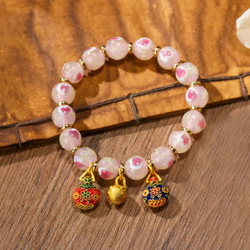 Mocoer Gold Swallowing Beast Family Charm Luminous Pink Love Heart Fluorescent Liuli Glass Bead Blessings Bracelet - Mocoer