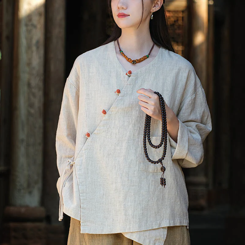 Mocoer Solid Color Ramie Linen Loose Blouse Long Sleeve Shirt Chinese Hanfu Top - Mocoer