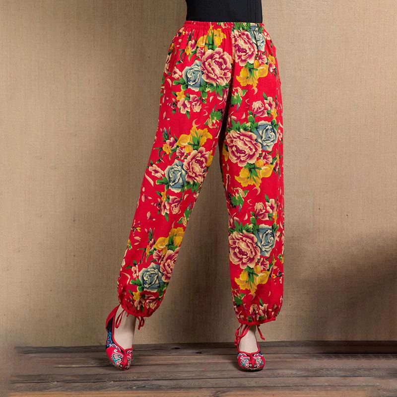 Mocoer Ethnic Style Red Green Flowers Print Harem Pants With Pockets - Mocoer