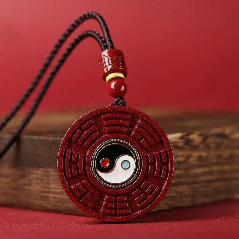 Mocoer Natural Cinnabar Bagua Rotatable Yin Yang Keep Away Evil Spirits Necklace Pendant - Mocoer