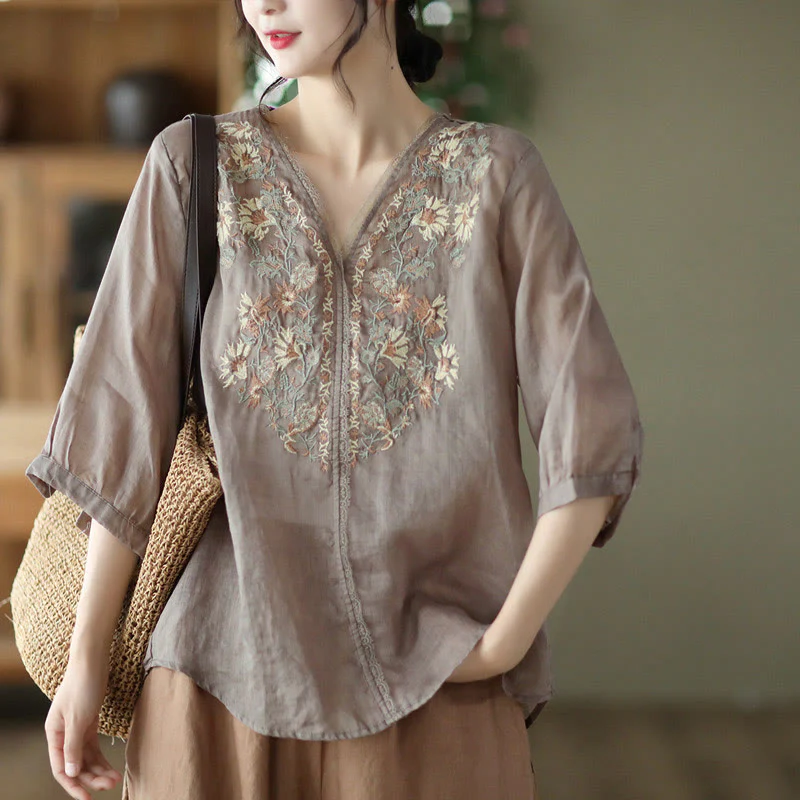 Mocoer Retro Embroidery V-Neck Design Half Sleeve Ramie Linen Shirt - Mocoer
