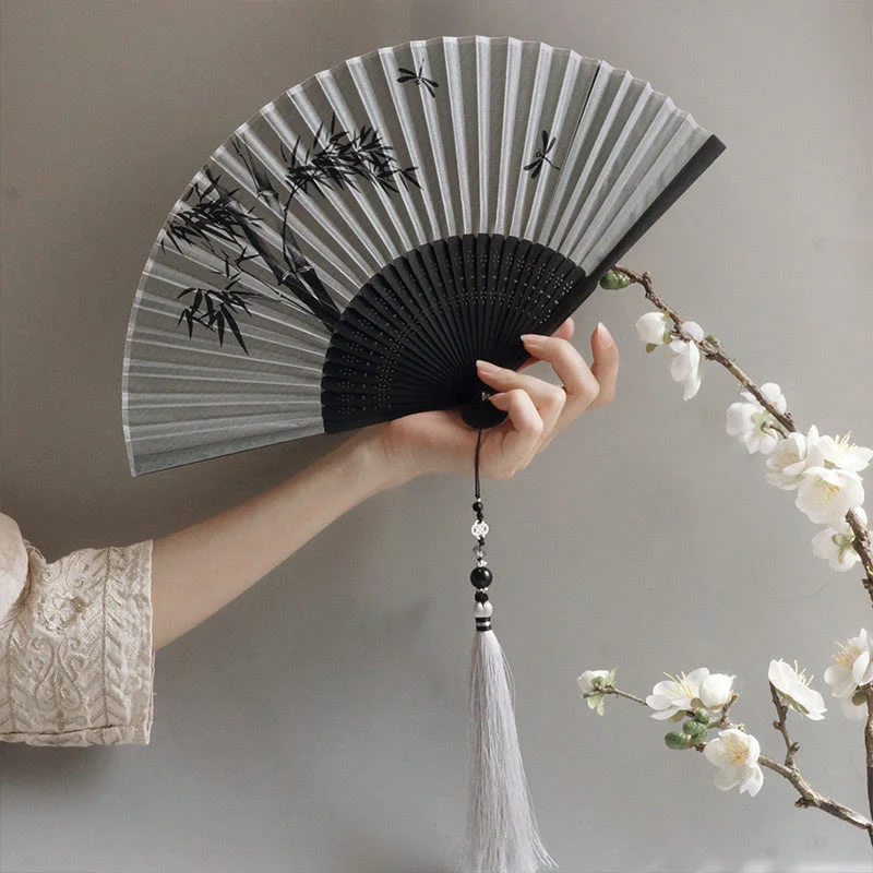 Mocoer Ink Bamboo Polyester Handheld Bamboo Folding Fan - Mocoer
