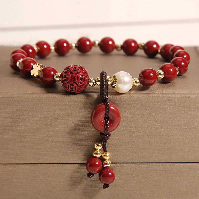 Mocoer Natural Cinnabar Peace Buckle Copper Coin Charm Blessing Bracelet - Mocoer