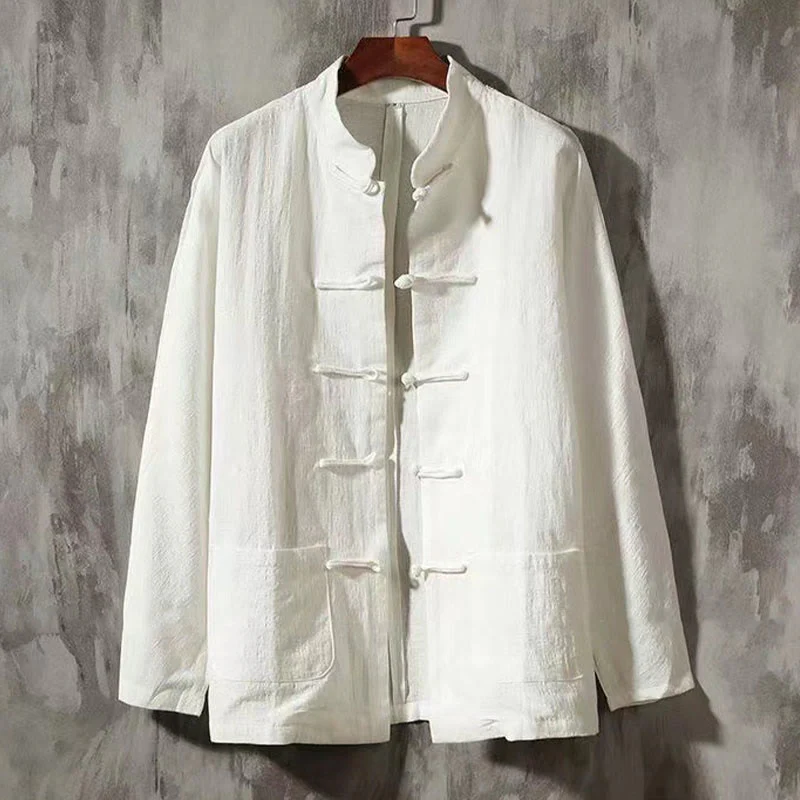 Mocoer Men's Tang Long Sleeve Shirt Frog Button With Pocket Stand Collar Comfort Linen Shirt - Mocoer