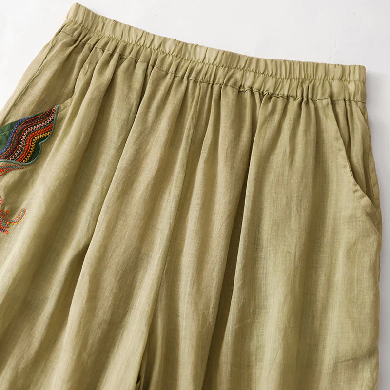 Mocoer Summer Embroidery Double Layer Cotton Linen Women's Wide Leg Pants With Pockets - Mocoer