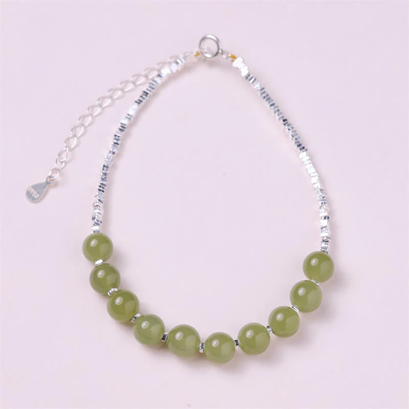 Mocoer 925 Sterling Silver Hetian Jade Bead Luck Chain Bracelet - Mocoer