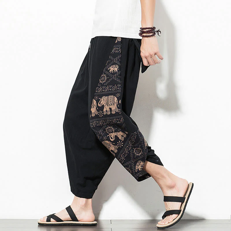 Mocoer Brown Elephant Print Cotton Men's Cropped Harem Pants With Pockets - Mocoer