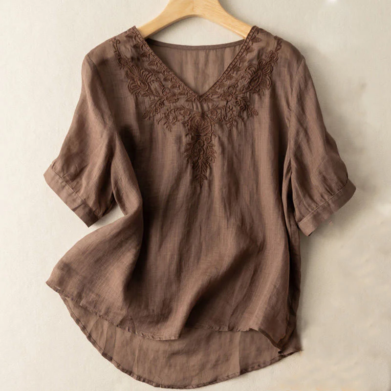 Mocoer Casual Embroidery Floral Women's V-Neck Design Half Sleeve Cotton Shirt - Mocoer