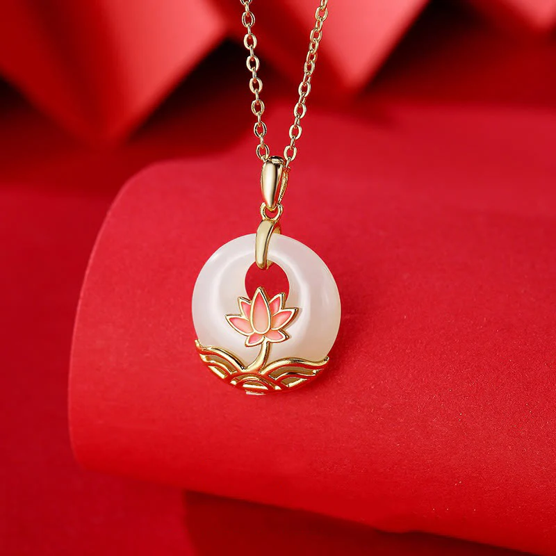 Mocoer 925 Sterling Silver Hetian White Jade Lotus Flower Blessing Necklace Pendant - Mocoer