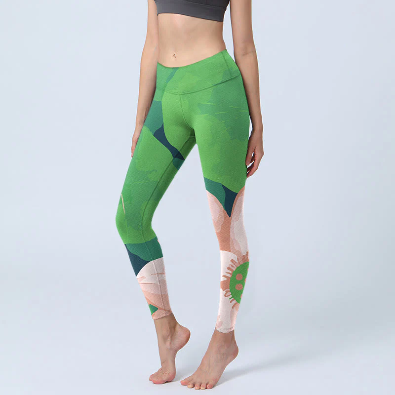 Mocoer Green Lotus Flower Leaf Print Sports Fitness Leggings Women's Yoga Pants - Mocoer