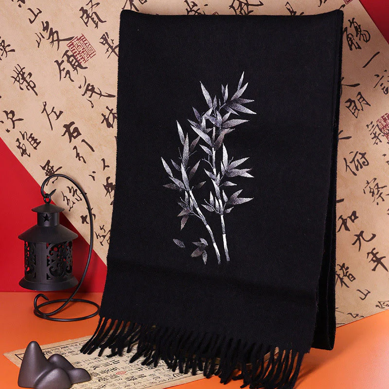 Mocoer Wool Shawl Bamboo Leaf Embroidery Tassel Winter Cozy Travel Scarf Wrap - Mocoer