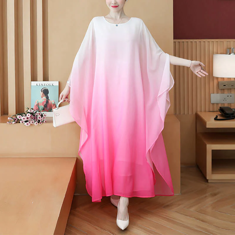 Mocoer Gradient Color Half Sleeve Chiffon Midi Dress Meditation Zen Practice - Mocoer