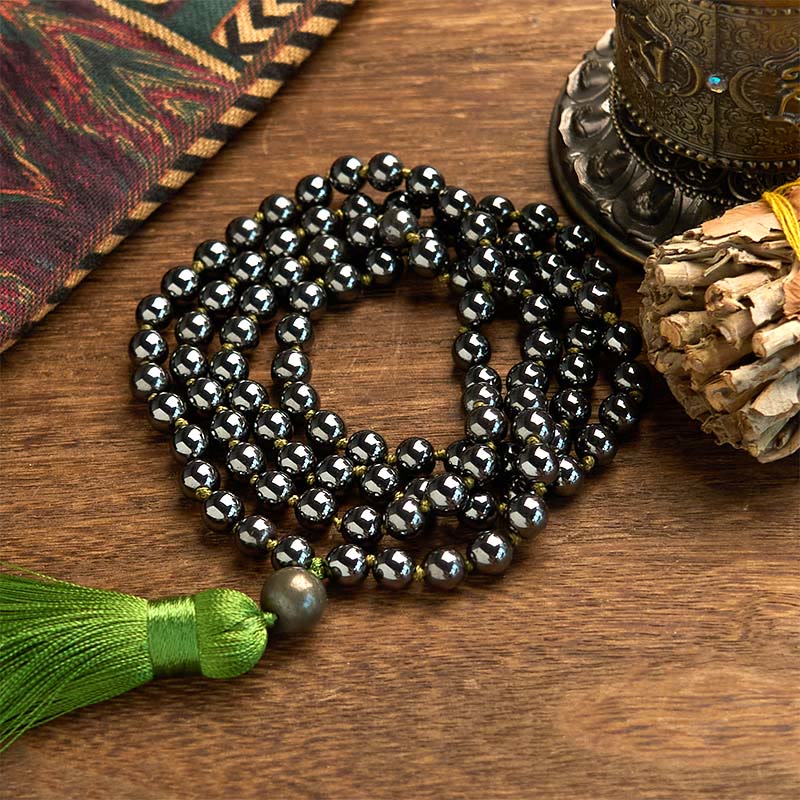 Mocoer 108 Mala Beads Natural Stone Hematite Tassel Powerful Bracelet - Mocoer