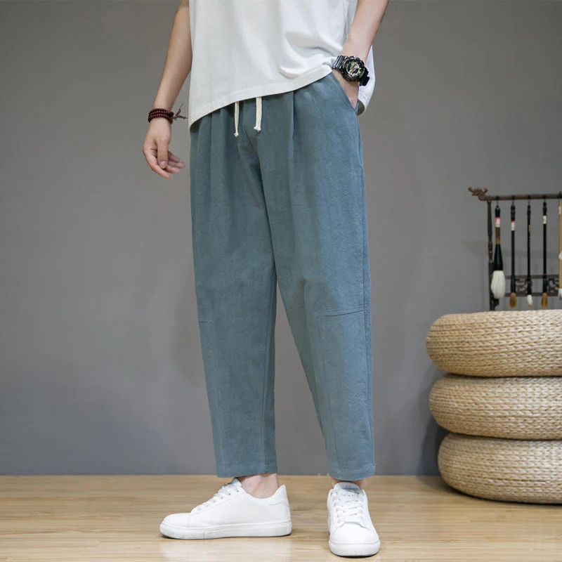 Mocoer Casual Pure Color Tapered Design Men's Cotton Linen Drawstring Pants With Pockets - Mocoer