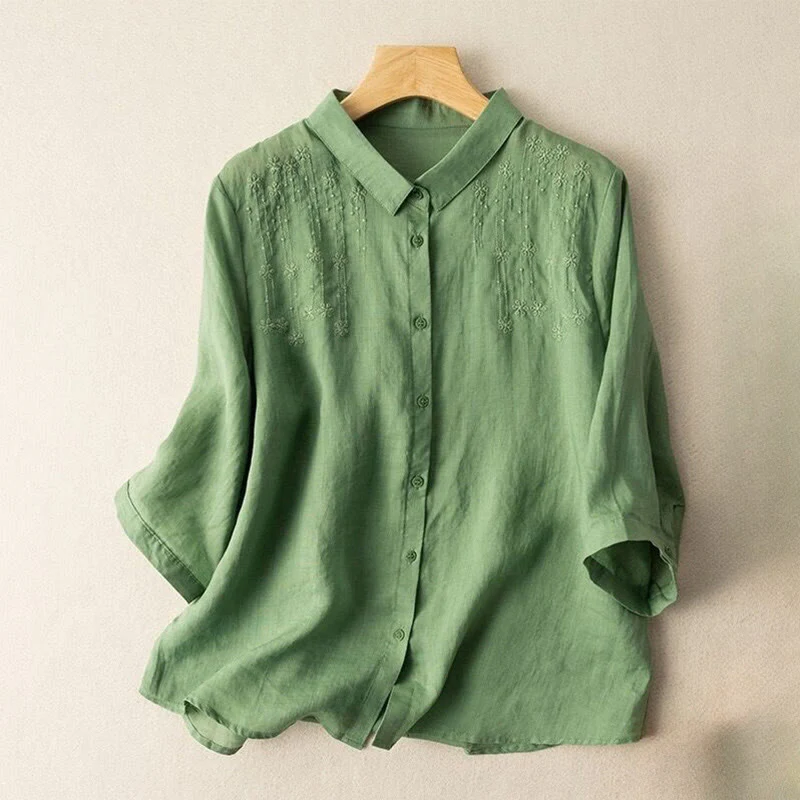 Mocoer Casual Women's Embroidery Standing Collar Half Sleeve Design Cotton Linen Shirt - Mocoer