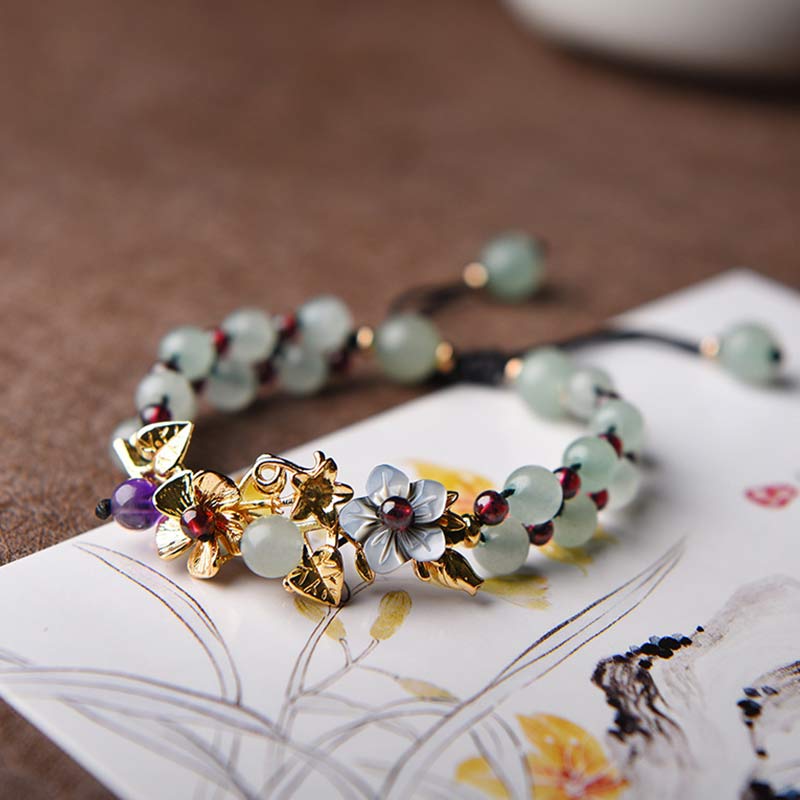 Mocoer Green Aventurine Garnet Bead Flower Petal Luck Bracelet - Mocoer