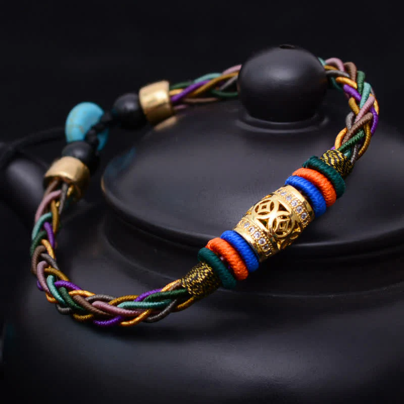 Mocoer Tibetan Handmade Eight Thread Knot Copper Coin Luck Weave String Bracelet - Mocoer