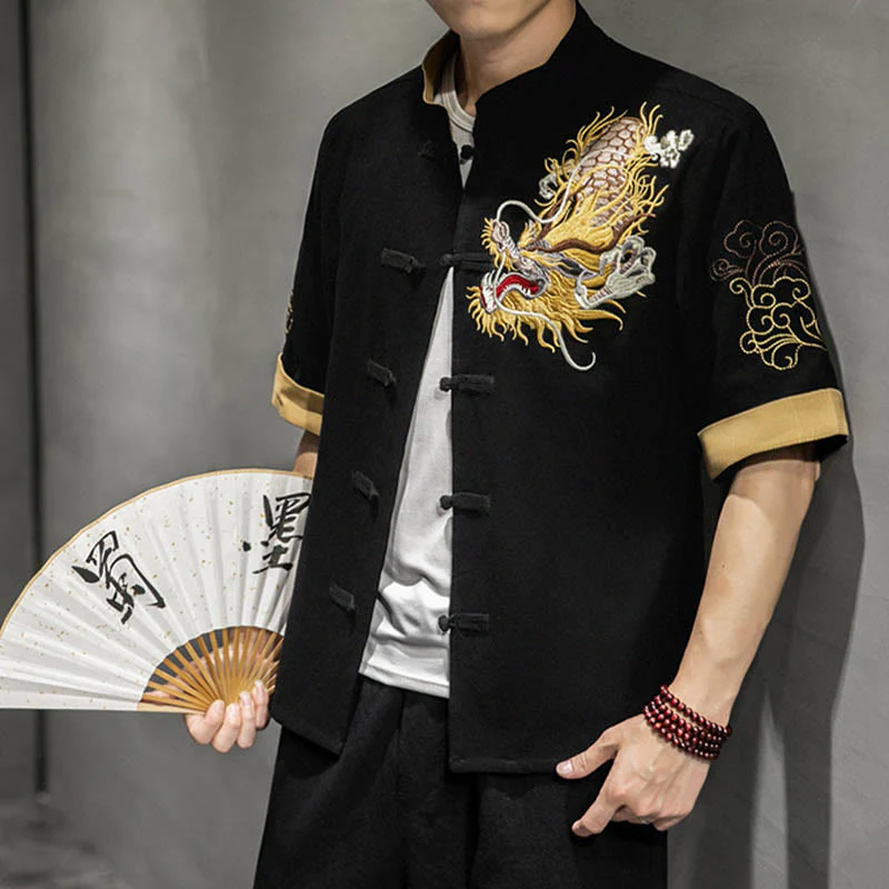 Mocoer Frog-Button Chinese Dragon Auspicious Cloud Embroidery Half Sleeve Shirt Cotton Linen Men Clothing - Mocoer