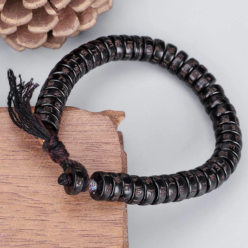 Mocoer Tibetan Coconut Shell Beads Engraved Om Mani Padme Hum Mantra Positive String Bracelet - Mocoer