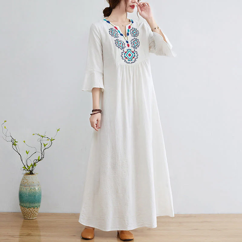 Mocoer Loose Plain Ethnic Embroidery Floral Pattern Three Quarter Sleeve Cotton Linen Maxi Dress - Mocoer