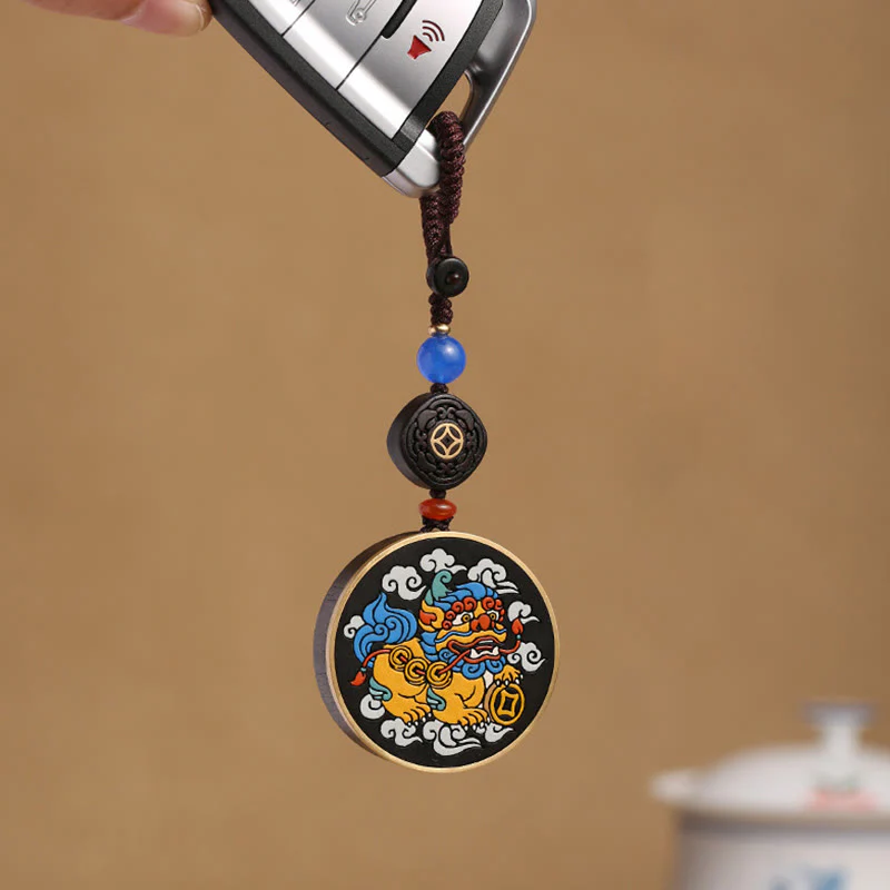 Mocoer PiXiu Copper Coin Ebony Wood Luck Attract Wealth Key Chain Decoration - Mocoer