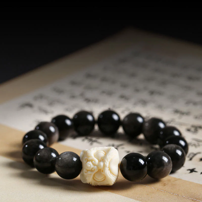 Mocoer Silver Sheen Obsidian Bodhi Seed Ivory Fruit Dancing Lion Protection Bracelet - Mocoer