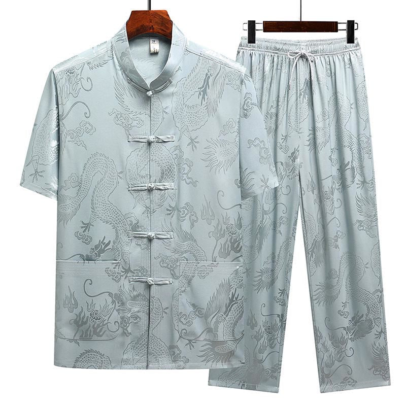Mocoer Dragon Pattern Tang Suit Hanfu Traditional Uniform Short Sleeve Top Pants Clothing Men's Set - Mocoer