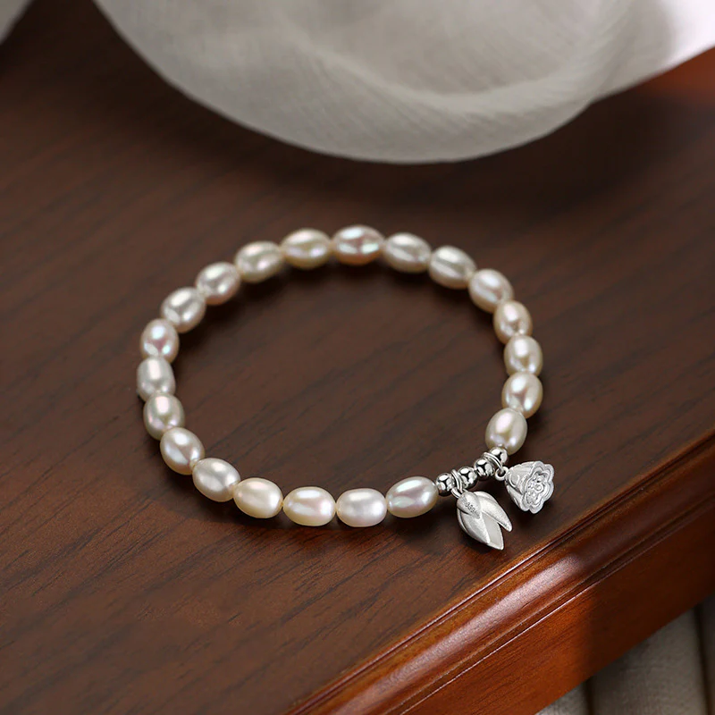 Mocoer 999 Sterling Silver Lotus Flower Pod Natural Pearl Healing Bracelet - Mocoer