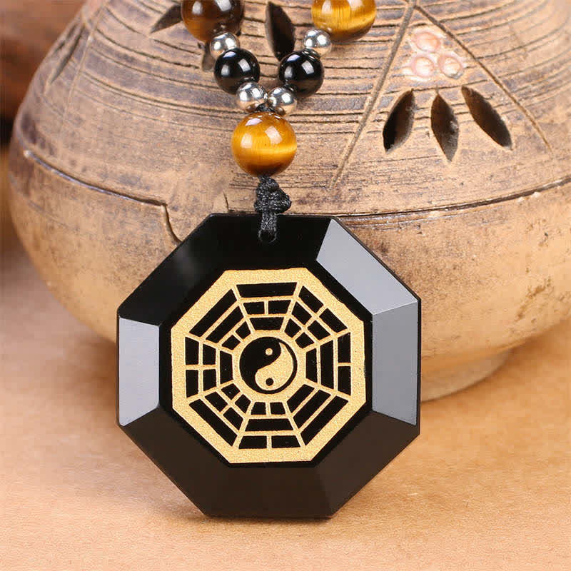 Mocoer Bagua Yin Yang Black Obsidian Purification Beaded Necklace Pendant - Mocoer