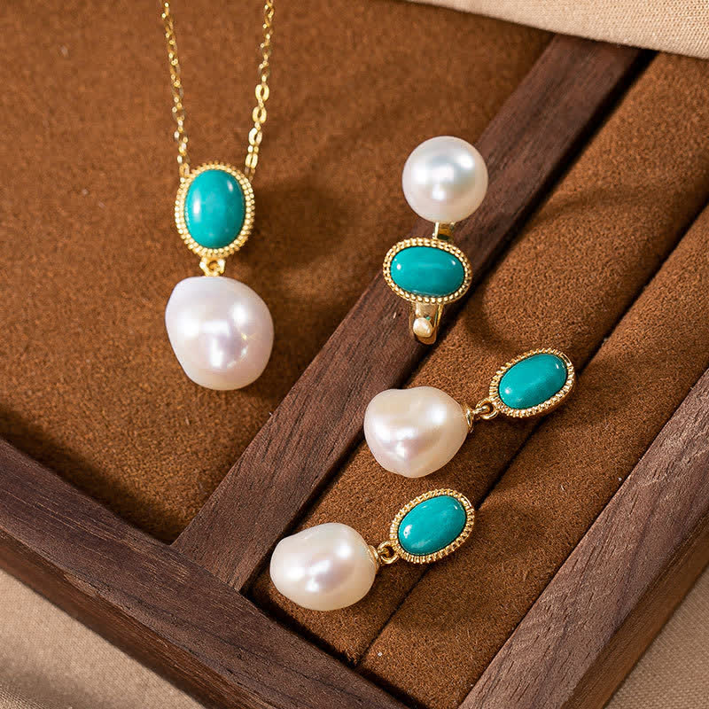 Mocoer 925 Sterling Silver Pearl Turquoise Healing Ring Earrings Necklace Pendant - Mocoer