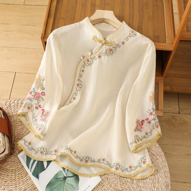 Mocoer Casual Women's Embroidered Flower Stand Collar Design Three Quarter Sleeve Cotton Linen Shirt - Mocoer