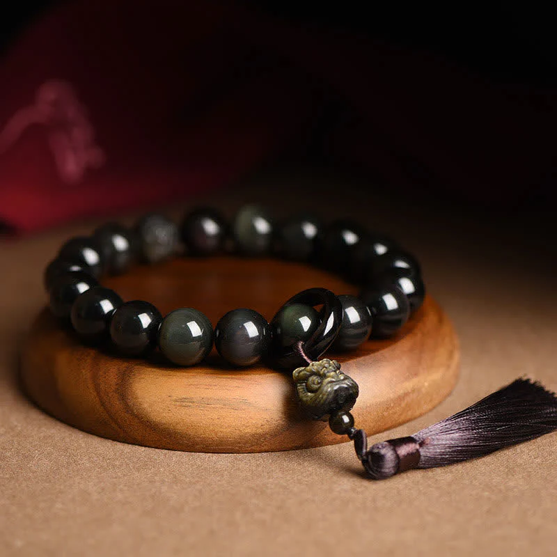 Mocoer Natural Black Obsidian Lion Wrist Mala Protection Tassels Pocket Mala Car Decoration - Mocoer