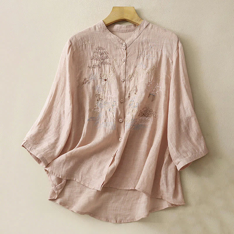 Mocoer Casual Embroidered Plant Stand Collar Design Three Quarter Sleeve Women's Cotton Linen Shirt - Mocoer