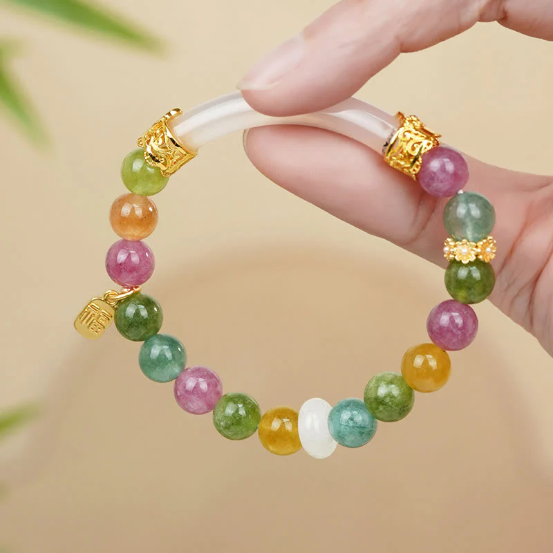 Mocoer Colorful Tourmaline Chalcedony Positive Fu Character Charm Bracelet - Mocoer