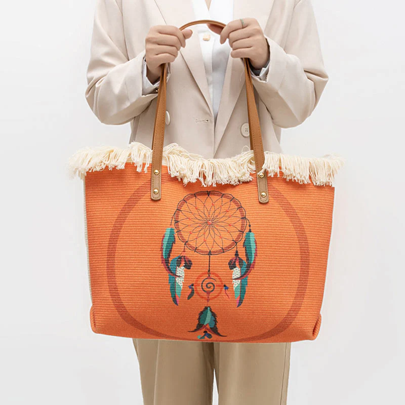 Mocoer Large Capacity Dreamcatcher Mandala Tassel Canvas Tote Shoulder Bag - Mocoer