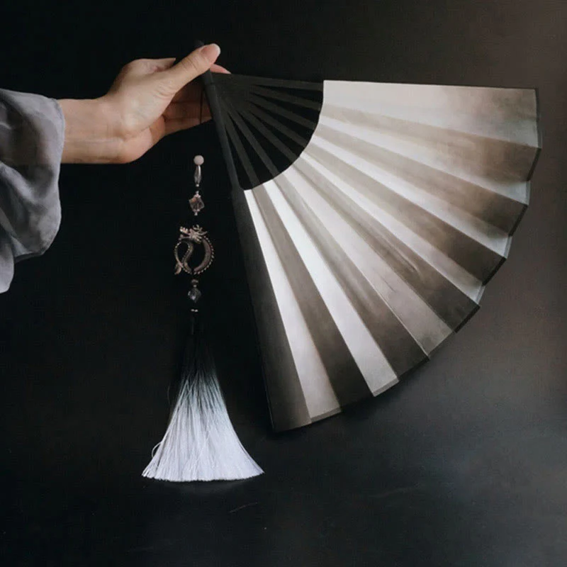Mocoer Black White Ink Gradient Rice Paper Handheld Bamboo Folding Fan - Mocoer
