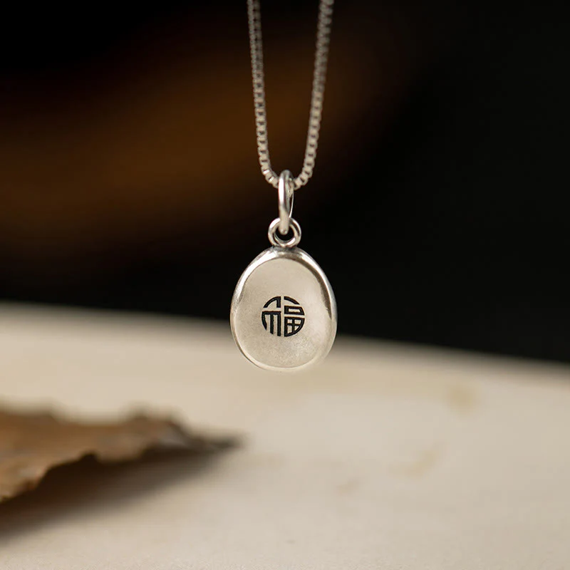 Mocoer 999 Sterling Silver Peace And Joy Fu Character Luck Fortune 925 Sterling Silver Chain Necklace Pendant - Mocoer