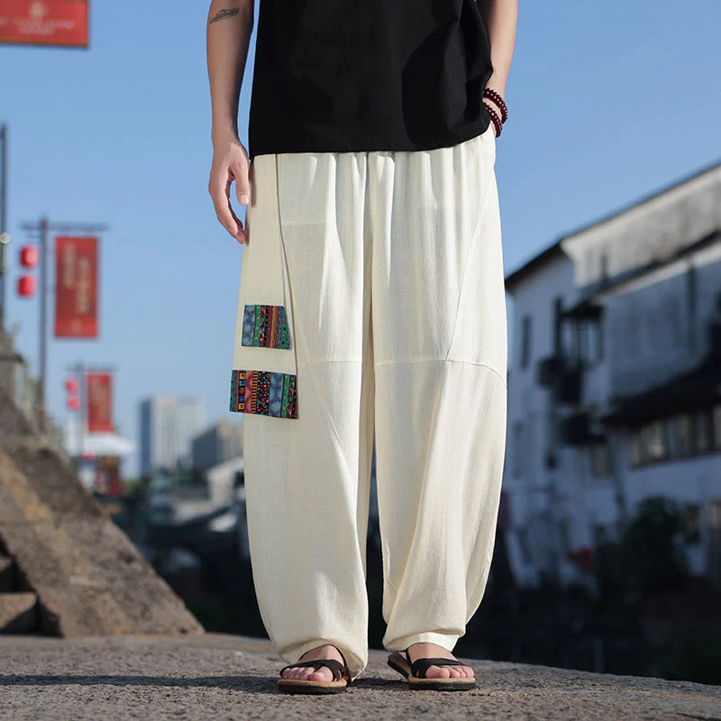 Mocoer Simple Patchwork Design Drawstring Soft Cotton Men's Wide Leg Pants With Pockets - Mocoer