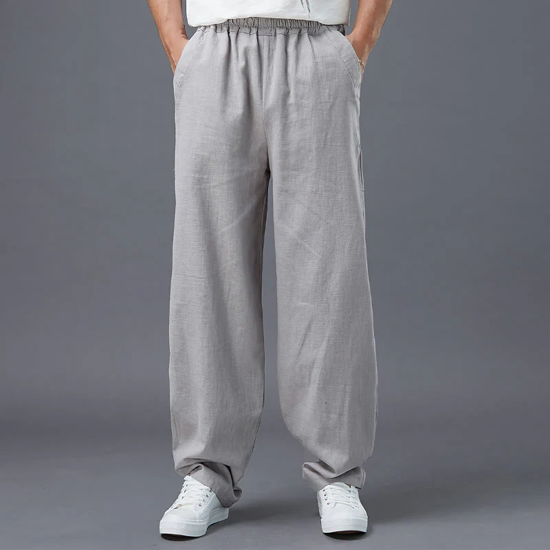 Mocoer Plain Color Elastic Waist Ramie Linen Men's Pants With Pockets - Mocoer