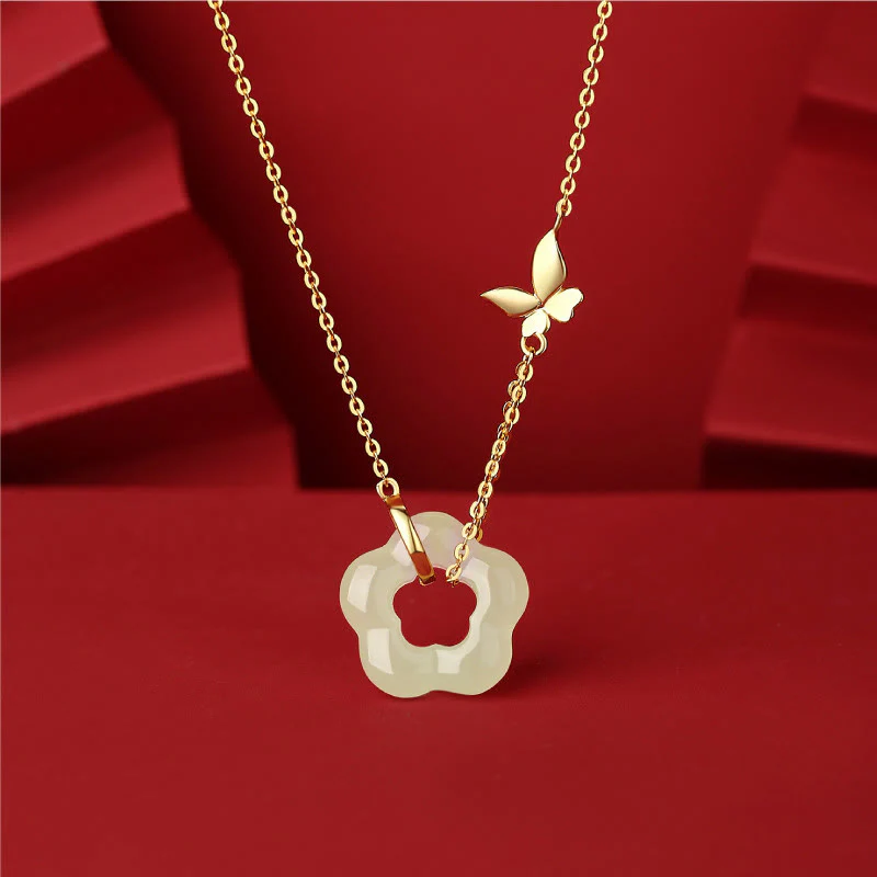 Mocoer 925 Sterling Silver Butterfly Hetian Jade Flower Blessing Necklace Pendant - Mocoer