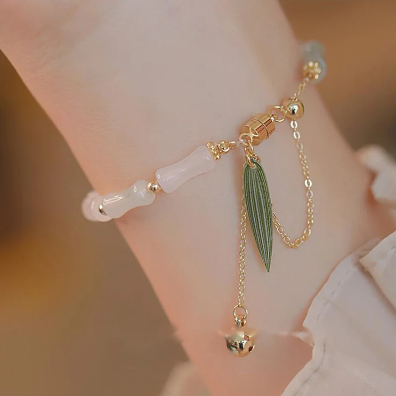 Mocoer 14K Gold Plated Hetian White Jade Bamboo Leaf Luck Protection Bracelet - Mocoer