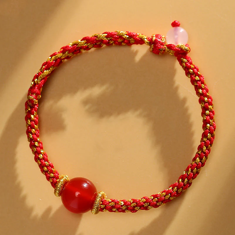 Mocoer Handmade Red Agate Amethyst Golden Rutilated Quartz Pink Crystal Bead Calm Braided Bracelet - Mocoer