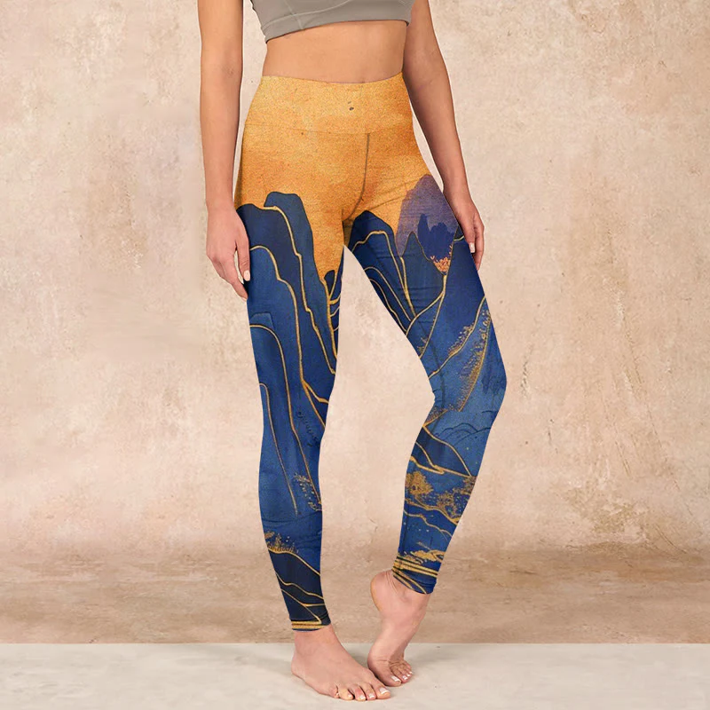 Mocoer Dark Blue Mountain Sunset Print Fitness Leggings Women's Yoga Pants - Mocoer