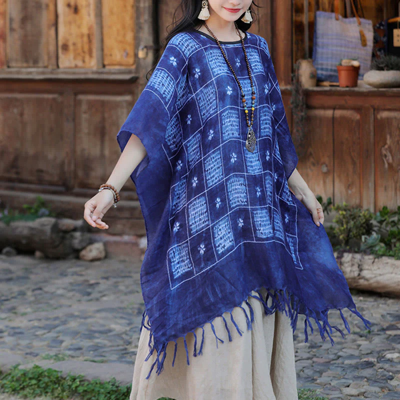 Mocoer Blue Color Block Plaid Shawl Tassels Soft Pullover 90*95cm - Mocoer