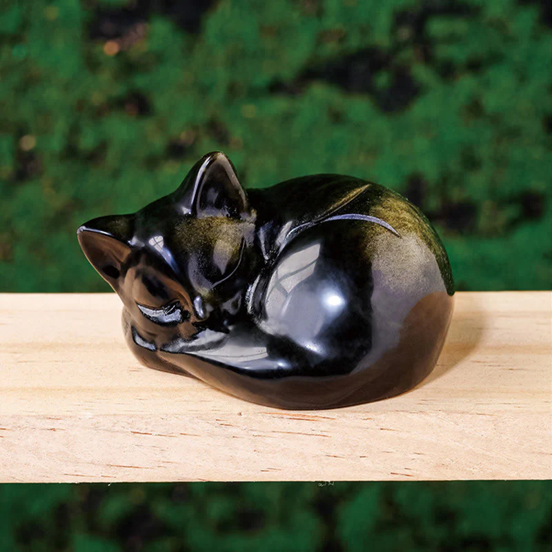 Mocoer Natural Gold Sheen Obsidian Sleeping Cat Statue Home Decoration - Mocoer