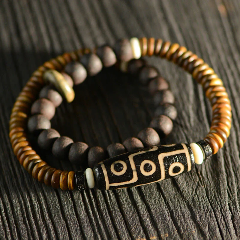 Mocoer Tibetan Nine-Eye Dzi Bead Green Sandalwood Ebony Wood Peace Double Wrap Bracelet - Mocoer
