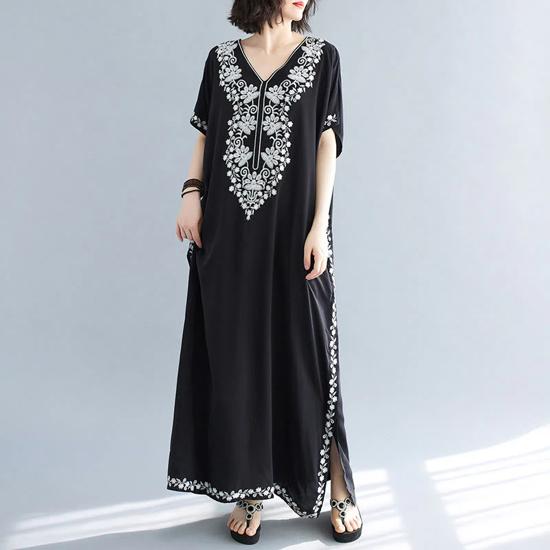 Mocoer Summer Embroidery Flower V-Neck Short Sleeve Maxi Dress - Mocoer