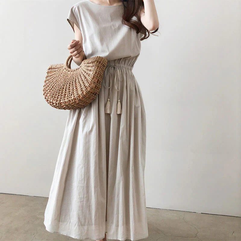 Mocoer Casual Eastic Waist Drawstring Design Short Sleeve Cotton Linen Midi Dress - Mocoer