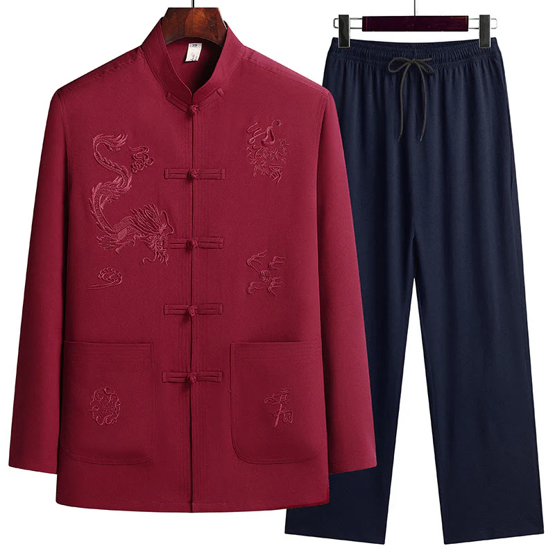 Mocoer Chinese New Year Embroidered Dragon Frog-button Tang Suit Hanfu Long Sleeve Top Pants Clothing Men's Set - Mocoer